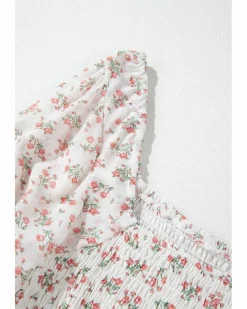 Midi Dresses*Azura Exchange Floral Print Shirred Ruffled Hem Square Neck Midi Dress White