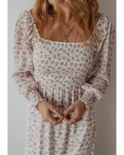 Midi Dresses*Azura Exchange Floral Print Shirred Ruffled Hem Square Neck Midi Dress White