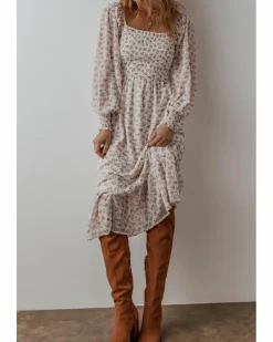 Midi Dresses*Azura Exchange Floral Print Shirred Ruffled Hem Square Neck Midi Dress White