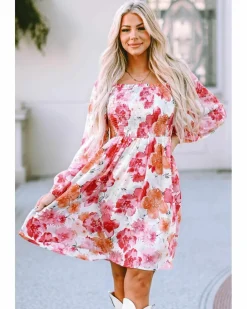 Smock Dresses*Azura Exchange Floral Print Smocked Puff Sleeve Mini Dress White