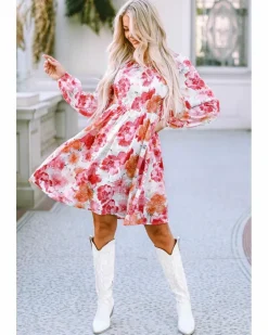 Smock Dresses*Azura Exchange Floral Print Smocked Puff Sleeve Mini Dress White