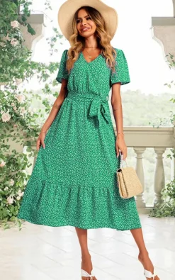 Wrap Dresses|Midi Dresses*FS Collection White Little Flower Print Short Sleeve Wrap Style Midi Dress In Green