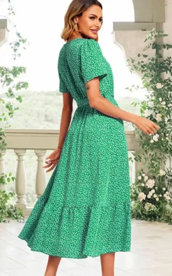 Wrap Dresses|Midi Dresses*FS Collection White Little Flower Print Short Sleeve Wrap Style Midi Dress In Green