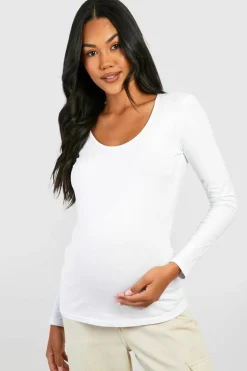 Long Sleeve Tops|Tops*boohoo Maternity Basic Long Sleeve Scoop Neck Top white