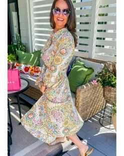 Midi Dresses*Azura Exchange Paisley Print Buttoned Knotted High Waist Midi Dress White