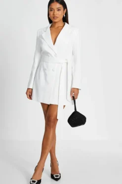 Blazer Dresses*Quiz Petite Rhinestone Tie Belt Blazer Dress White