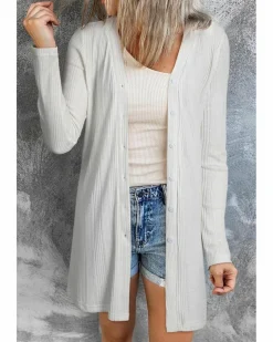 Cardigans*Azura Exchange Solid Color Ribbed Button up Tunic Cardigan White