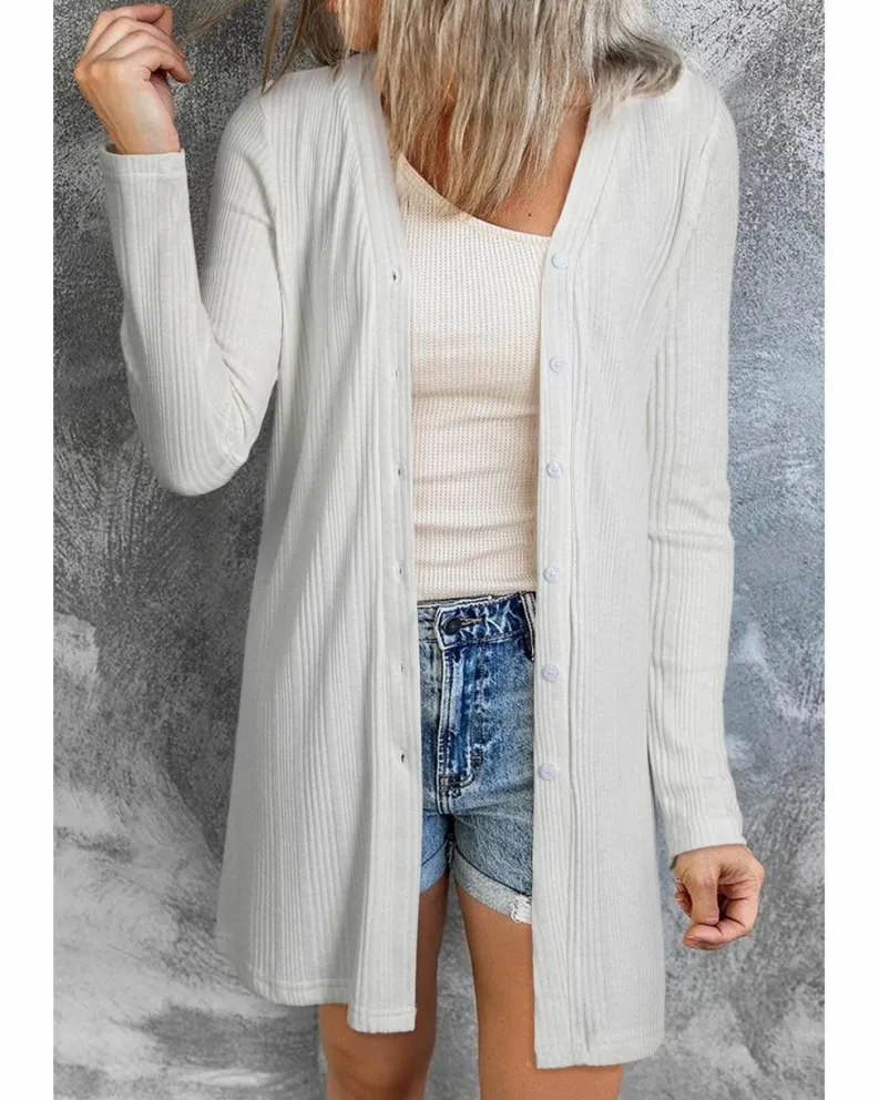 Cardigans*Azura Exchange Solid Color Ribbed Button up Tunic Cardigan White