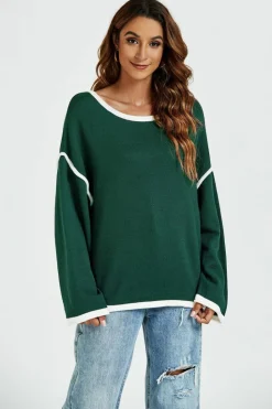Oversized Jumpers*FS Collection White Striped Oversized Jumper Top Dark Green