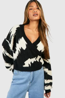 Oversized Jumpers|Jumpers*boohoo Wide Animal Stripe Soft Knit Wrap Jumper black