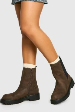 Ankle Boots|All Boots*boohoo Wide Fit Ankle Detail Distressed Pu Chelsea Boot brown