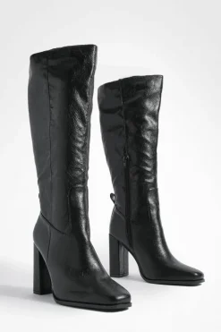 Heels|Over The Knee Boots*boohoo Wide Fit Block Heel High Shine Knee High Boots black