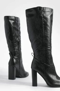 Heels|Over The Knee Boots*boohoo Wide Fit Block Heel High Shine Knee High Boots black