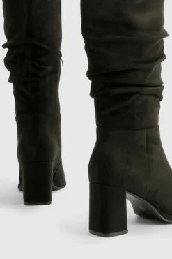Heels|Over The Knee Boots*boohoo Wide Fit Block Heel Ruched Knee High Boot black