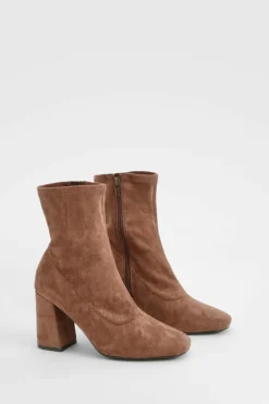 Heels|Heeled Boots*boohoo Wide Fit Block Heel Square Toe Sock Boots chocolate