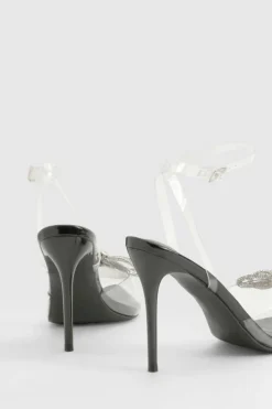 Heels*boohoo Wide Fit Bow Embellished Clear Slingback Court Heels black