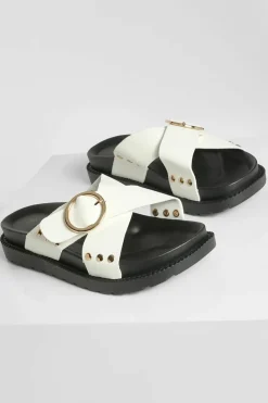 Sandals*boohoo Wide Fit Buckle Cross Strap Footbed Slider white