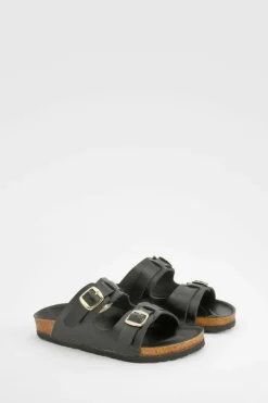 Sandals*boohoo Wide Fit Buckle Detail Footbed Sliders black