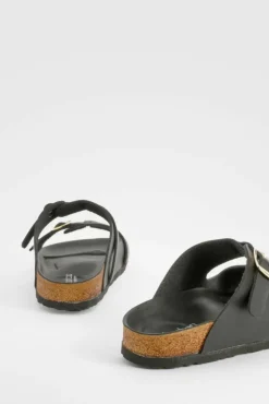 Sandals*boohoo Wide Fit Buckle Detail Footbed Sliders black