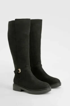 Over The Knee Boots|Knee High Boots*boohoo Wide Fit Buckle Detail Knee High Boots black