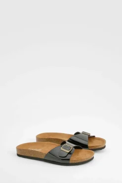 Sandals*boohoo Wide Fit Buckle Footbed Sliders black