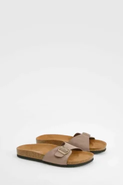 Sandals*boohoo Wide Fit Buckle Footbed Sliders taupe