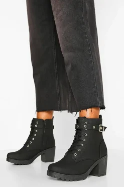 Chunky Boots|Biker Boots*boohoo Wide Fit Buckle Lace Up Chunky Hiker Boots black