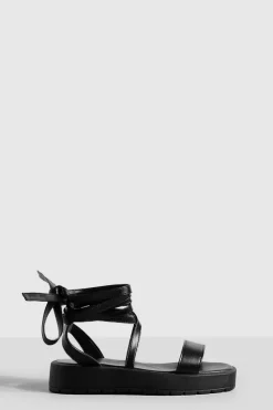 Sandals*boohoo Wide Fit Chunky Flatform Tie Leg Sandals black