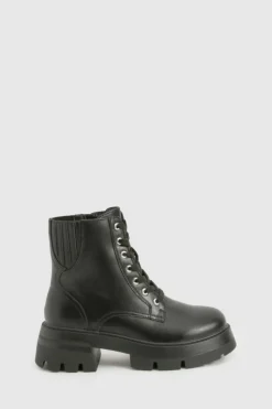 Chunky Boots|Biker Boots*boohoo Wide Fit Chunky Lace Up Hiker Boots black