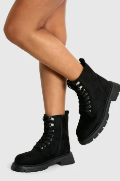 Chunky Boots|Biker Boots*boohoo Wide Fit Chunky Lace Up Hiker Boots black