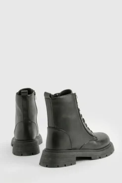 Chunky Boots|Biker Boots*boohoo Wide Fit Chunky Lace Up Hiker Boots black