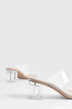 Heels*boohoo Wide Fit Clear Double Strap Low Block Heeled Mules nude