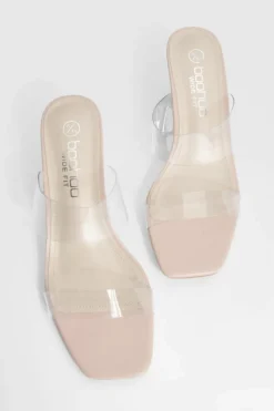 Heels*boohoo Wide Fit Clear Double Strap Low Block Heeled Mules nude