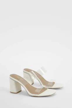 Heels*boohoo Wide Fit Clear Double Strap Block Heel Mules white