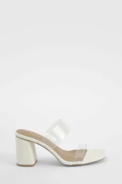 Heels*boohoo Wide Fit Clear Double Strap Block Heel Mules white