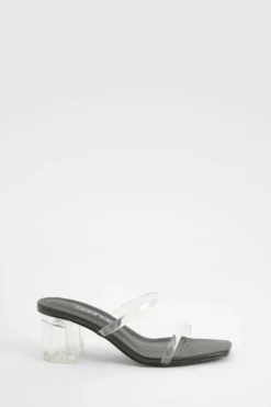 Heels*boohoo Wide Fit Clear Low Block Heeled Mules black