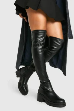 Over The Knee Boots|All Boots*boohoo Wide Fit Cleated Over The Knee Pu Boots black