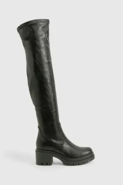 Over The Knee Boots|All Boots*boohoo Wide Fit Cleated Over The Knee Pu Boots black