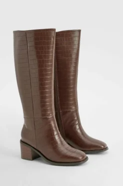 Heels|Over The Knee Boots*boohoo Wide Fit Croc Block Knee High Boots chocolate