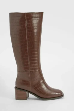 Heels|Over The Knee Boots*boohoo Wide Fit Croc Block Knee High Boots chocolate