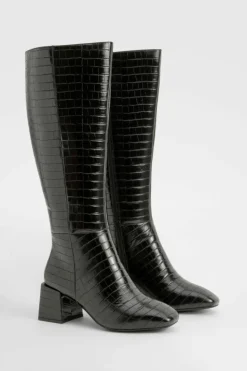 Heels|Over The Knee Boots*boohoo Wide Fit Croc Block Knee High Boots black