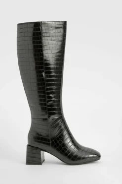 Heels|Over The Knee Boots*boohoo Wide Fit Croc Block Knee High Boots black