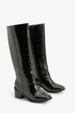 Heels|Over The Knee Boots*boohoo Wide Fit Croc Block Knee High Boots black