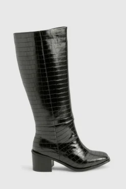 Heels|Over The Knee Boots*boohoo Wide Fit Croc Block Knee High Boots black
