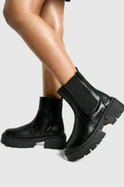 Chunky Boots|All Boots*boohoo Wide Fit Croc Chunky Chelsea Boots black