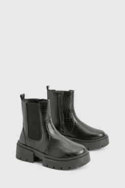 Chunky Boots|All Boots*boohoo Wide Fit Croc Chunky Chelsea Boots black