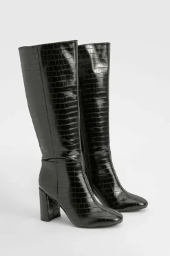 Over The Knee Boots|Knee High Boots*boohoo Wide Fit Croc Flared Heel Knee High Boots black