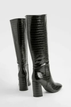 Over The Knee Boots|Knee High Boots*boohoo Wide Fit Croc Flared Heel Knee High Boots black
