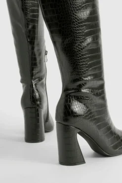 Over The Knee Boots|Heeled Boots*boohoo Wide Fit Croc Flared Heel Knee High Boots black
