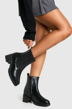 Heeled Boots*boohoo Wide Fit Croc Heeled Chelsea Boot black